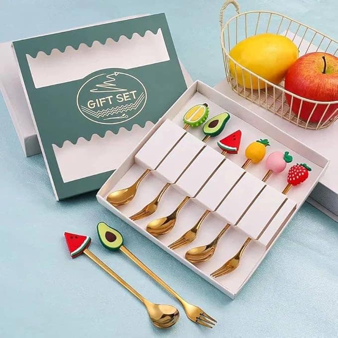 طقم ملاعق فواكهة للحلوي أدوات مائدة مطلية بالذهب