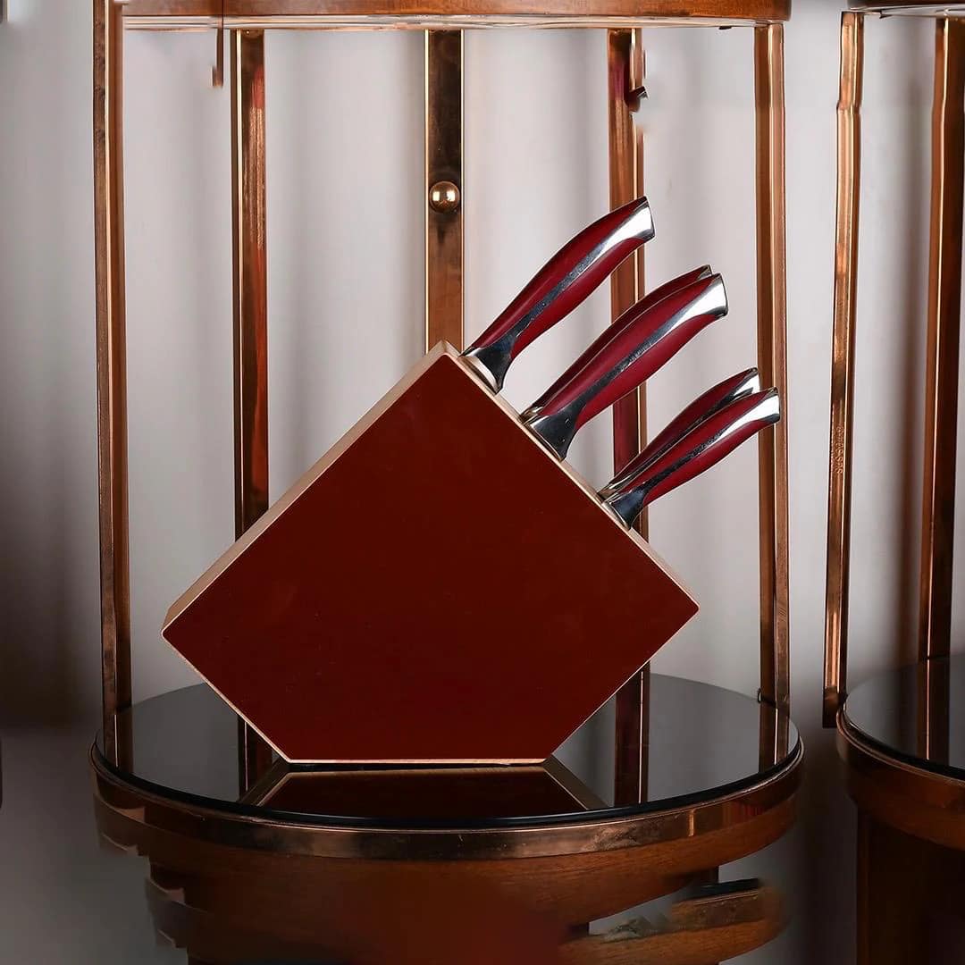 جروب تايجر - طقم سكاكين 6 قطع مع حامل خشب - أحمر